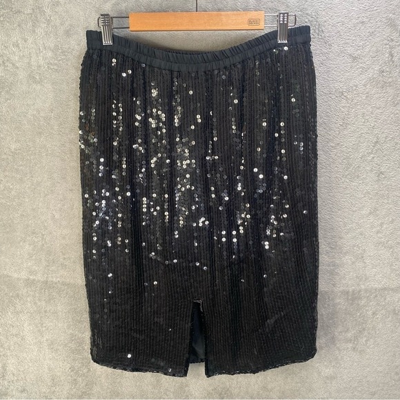 Black Sequin Silk Midi Pencil Skirt Vintage Style Lined Large Glam Cocktail - Picture 3 of 9